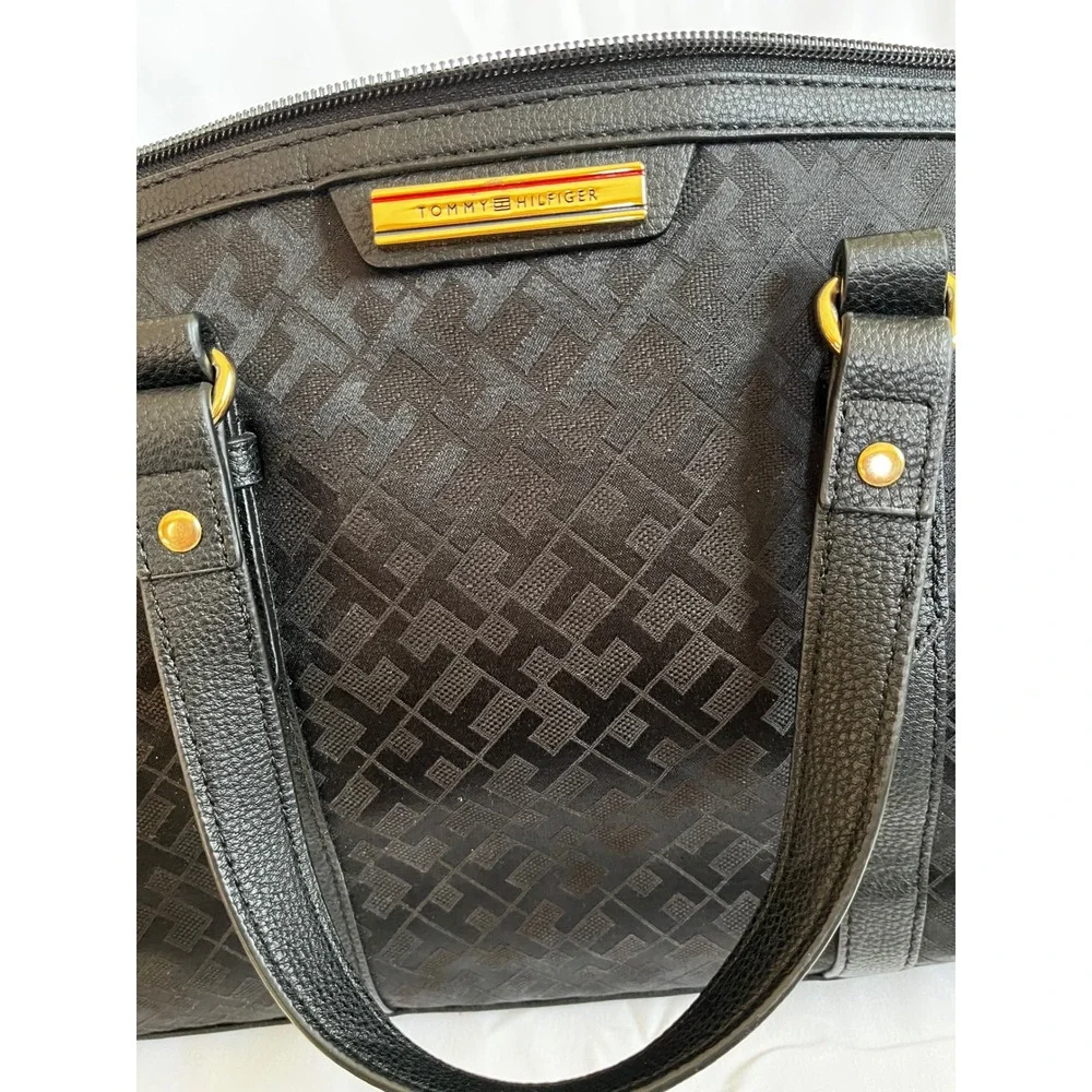 Tommy Hilfiger Black Signature Monogram Satchel‎ Handbag Gold Hardware